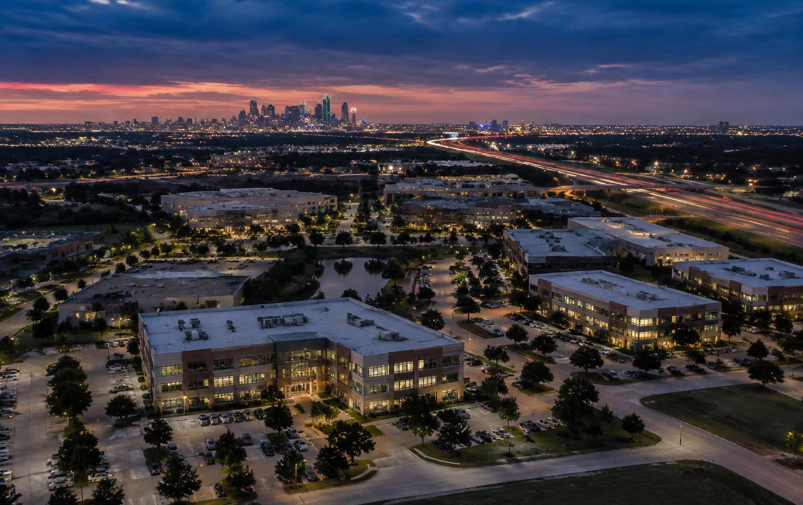 Aerial view of the North Texas business corridor at dusk